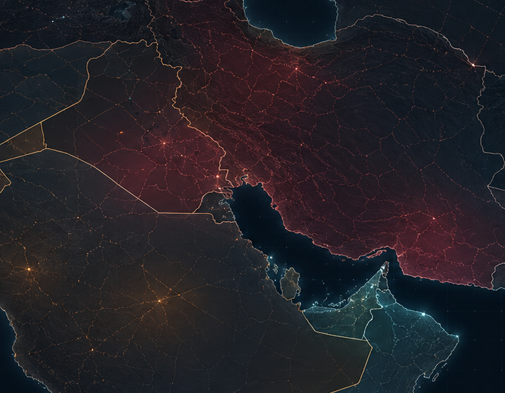 Stylized strategic map focused on the Gulf, Iran and the Strait of Hormuz